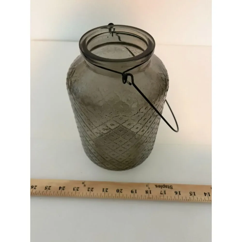 Gray Moroccan Candle holder with textured glass and wire handle